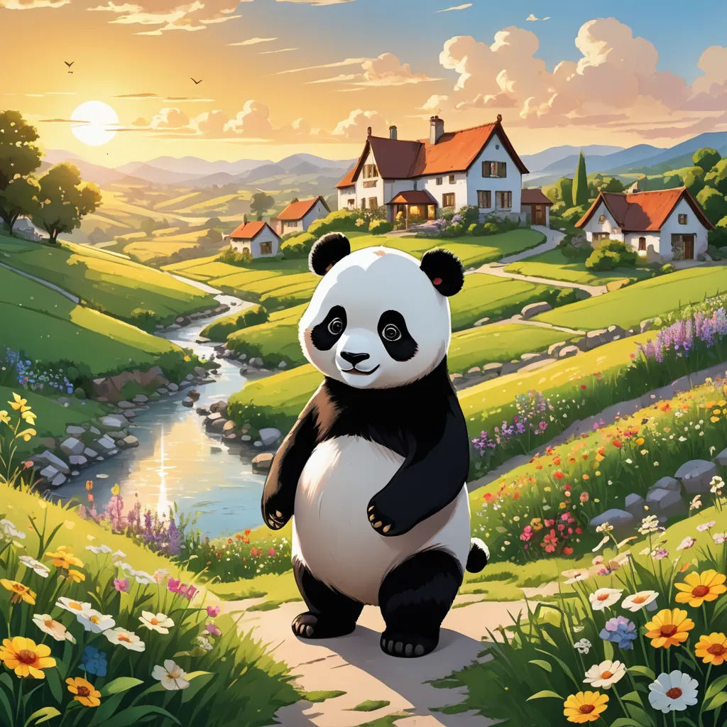 a panda bear standing on a path in a field of flowers and grass with a river running through it, sots art, a storybook illustration, Chris LaBrooy, official art
