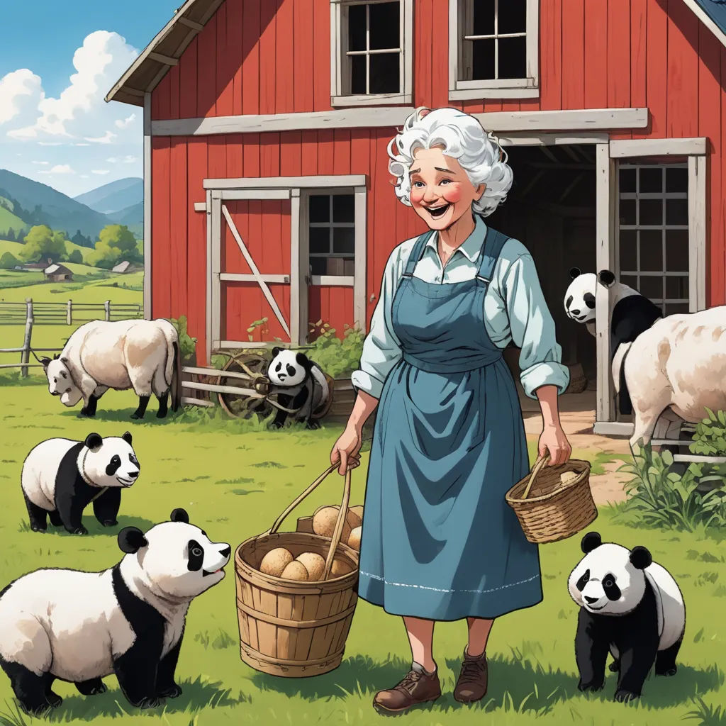 a woman in an apron holding a basket of eggs in front of a barn with pandas in the background, american scene painting, a storybook illustration, Eileen Aldridge, storybook illustration