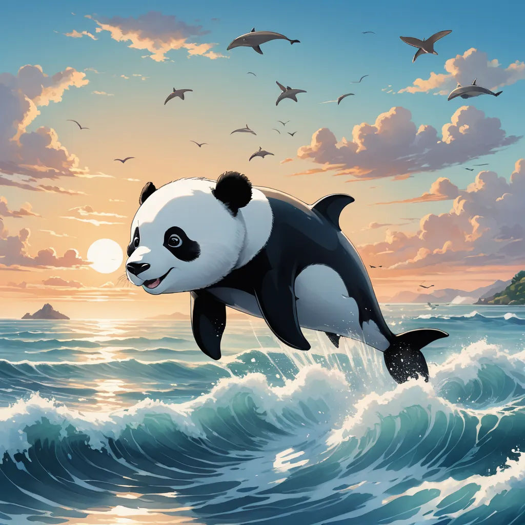 a panda bear jumping over a wave in the ocean with birds flying overhead in the background of the painting, pop surrealism, a storybook illustration, Chris LaBrooy, league of legends splash art