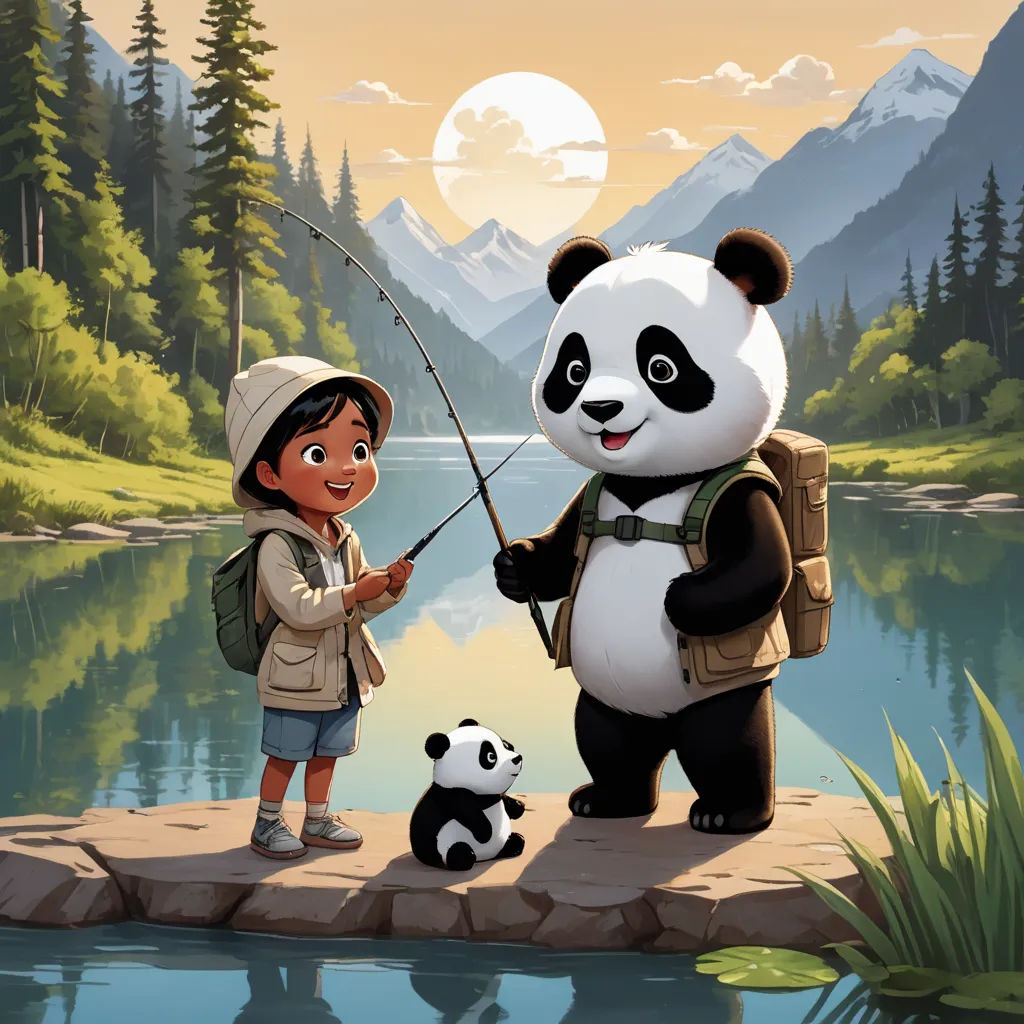 a boy and a panda bear fishing in a lake with a mountain background and a full moon in the sky, american scene painting, a storybook illustration, Chen Hong, storybook illustration