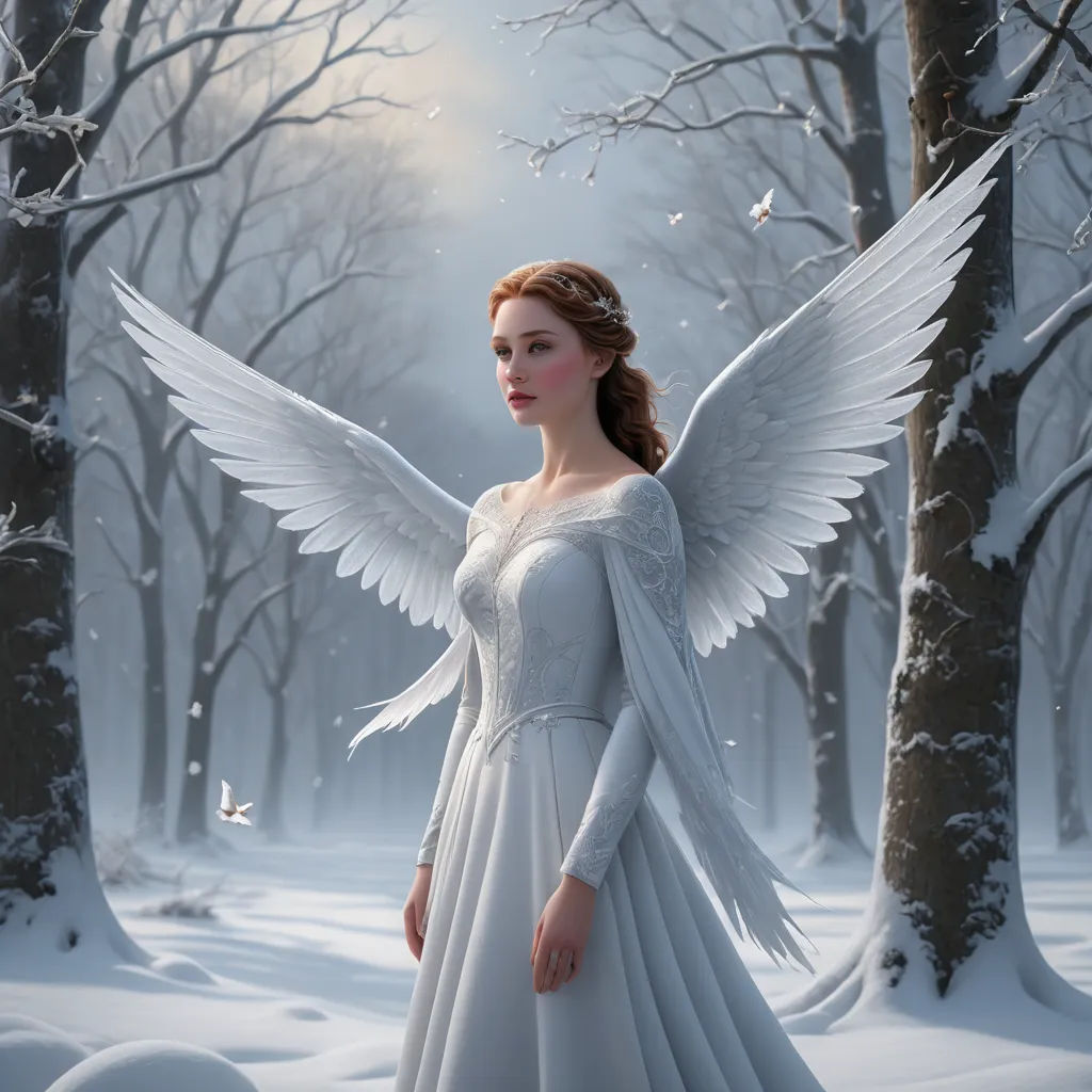 a woman in a white dress with wings standing in a snowy forest with trees and snowballs on the ground, fantasy art, a detailed matte painting, Anne Stokes, highly detailed digital painting