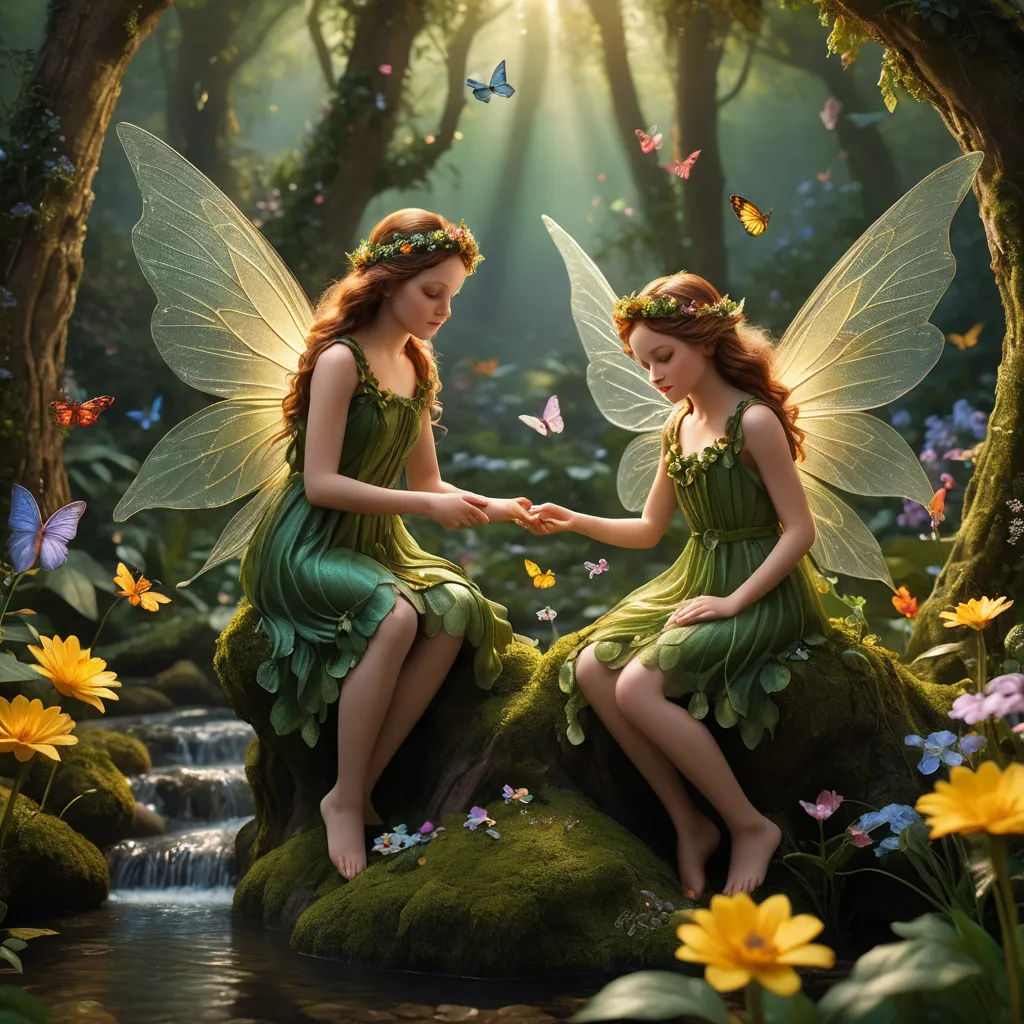 two beautiful young women dressed in green fairy costumes sitting on a rock in a forest with flowers and butterflies, magic realism, a storybook illustration, Anne Stokes, highly detailed digital painting