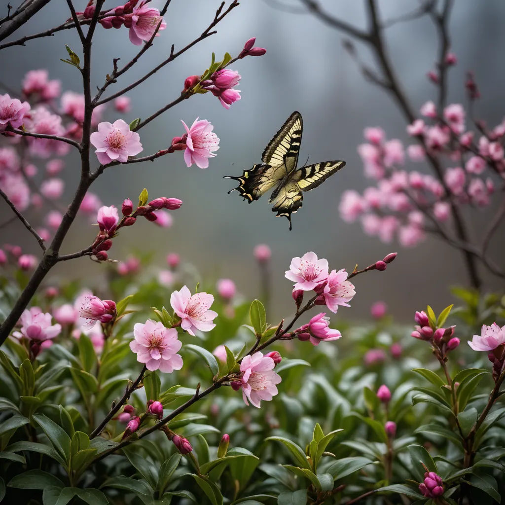 a butterfly flying over a bush of pink flowers on a cloudy day in the rain, with a blurry background, naturalism, a macro photograph, Arthur Pan, nature