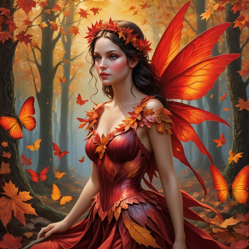 a woman in a red dress with a butterfly on her shoulder and a red dress on her shoulder, in a forest with orange leaves, fantasy art, a detailed painting, Anne Stokes, fantasy artwork