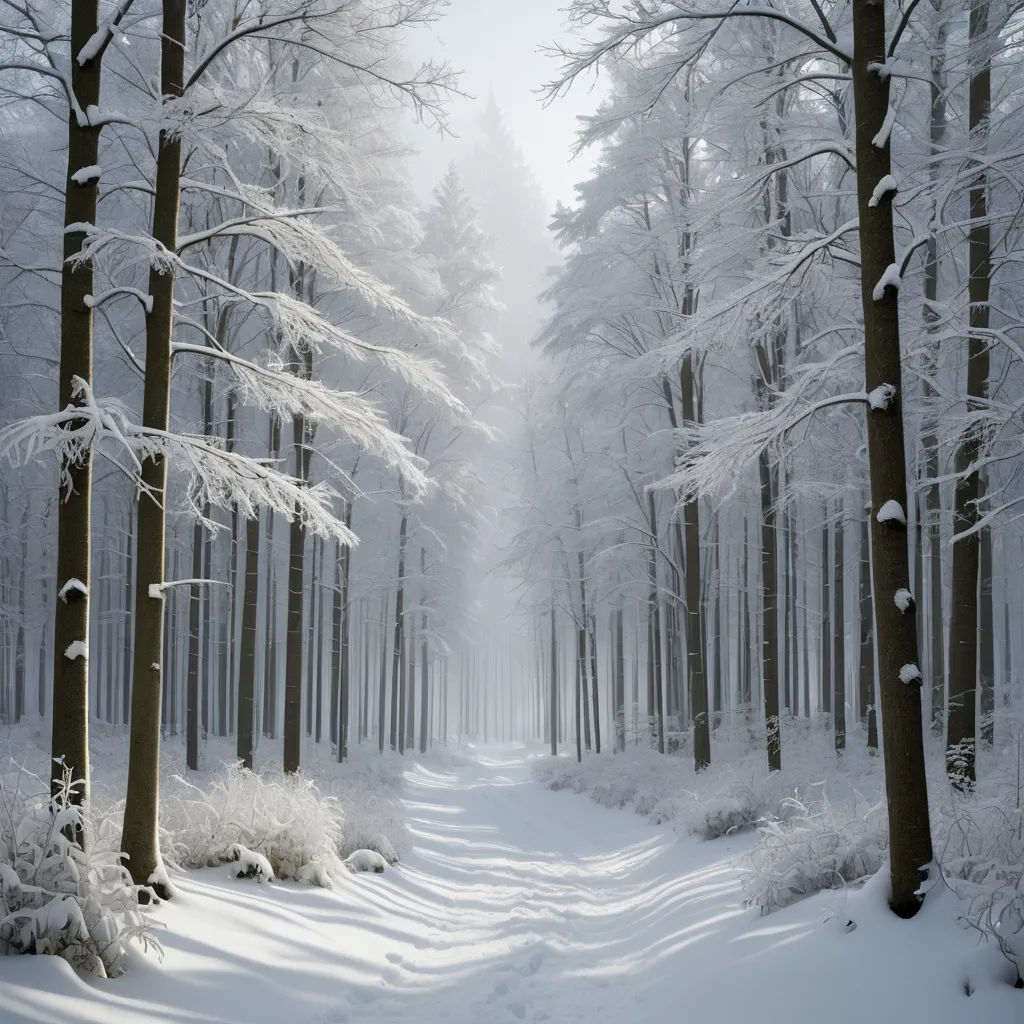a snowy path in a forest with tall trees and snow on the ground and snow on the ground and trees on the ground, magical realism, a matte painting, David Martin, winter