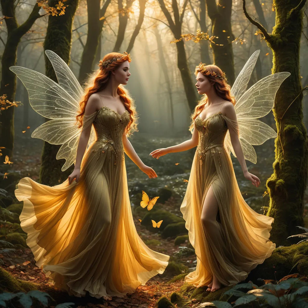 two beautiful women dressed in yellow in a forest with a butterfly in their hands and a butterfly in their hand, fantasy art, a storybook illustration, Dirk Crabeth, fantasy magic
