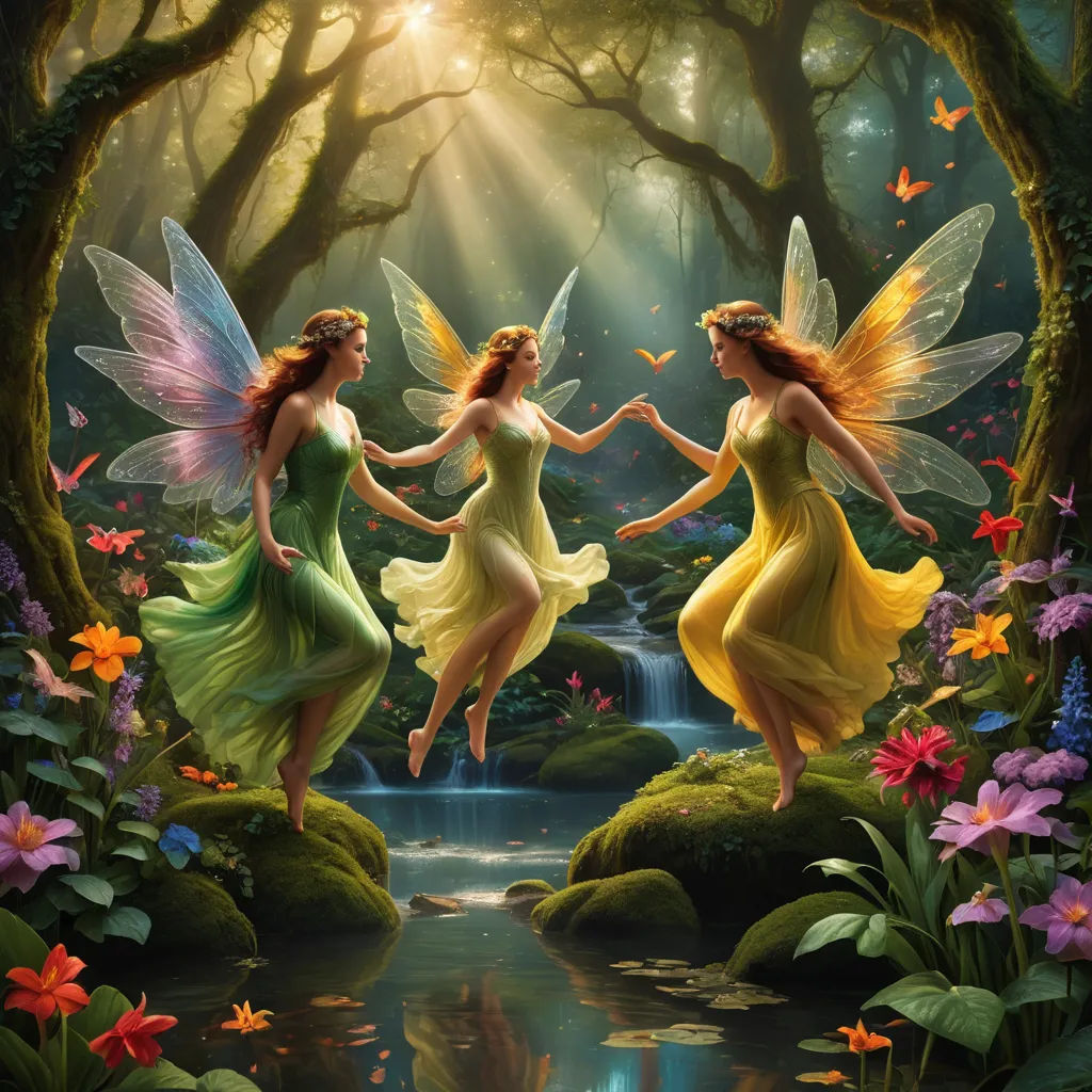 two beautiful women dressed in yellow and green holding hands in a forest with a stream and flowers surrounding them, fantasy art, a storybook illustration, Anne Stokes, fantasy artwork