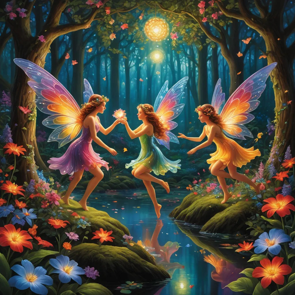 two fairy girls are dancing in the woods by a stream with flowers and butterflies around them, with a bright light shining on the trees, fantasy art, a storybook illustration, Anne Stokes, fantasy magic