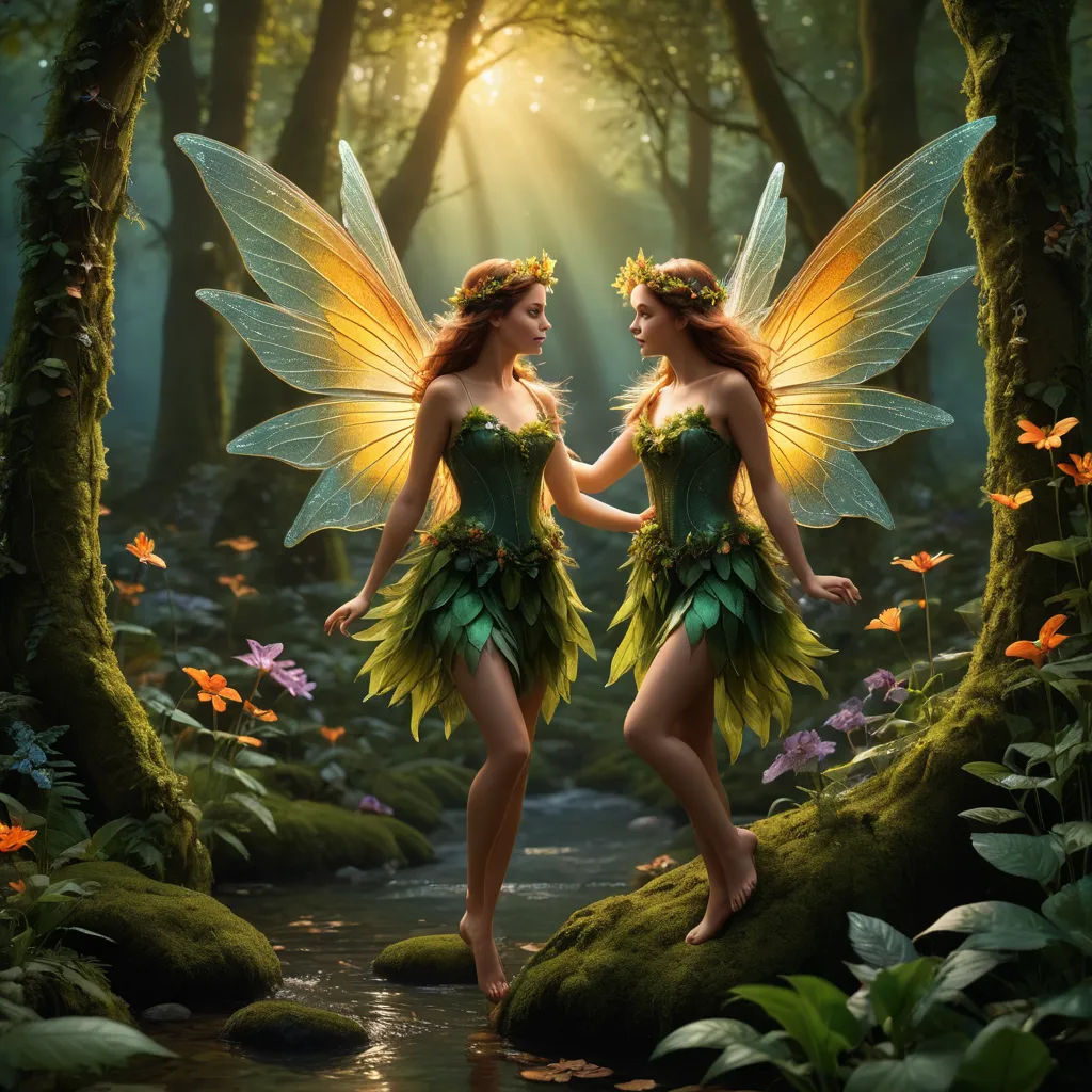 two beautiful women dressed in green fairy costumes standing in a forest with butterflies on their wings and holding hands, fantasy art, a detailed matte painting, Anne Stokes, highly detailed digital painting