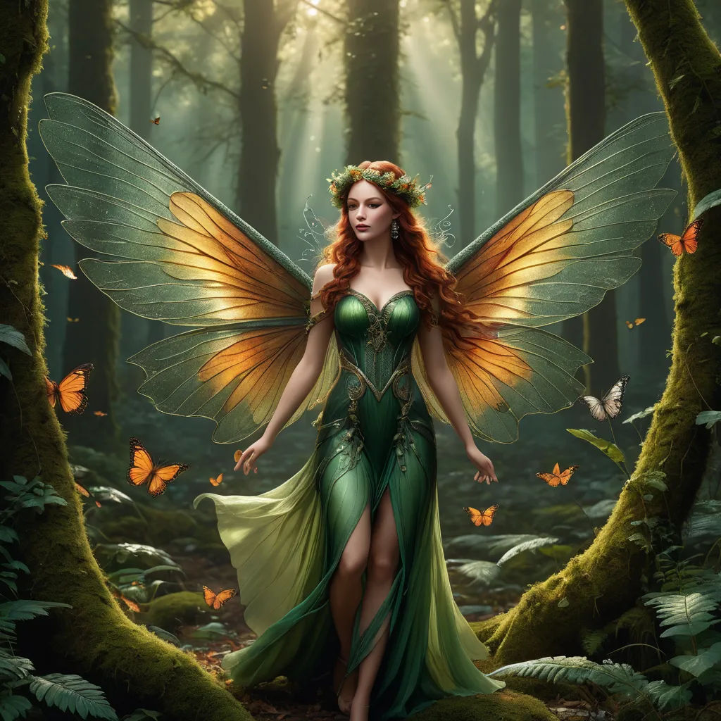 a beautiful woman dressed in a green dress with a butterfly wings on her head and a green dress with a slit, fantasy art, a storybook illustration, Anne Stokes, fantasy artwork