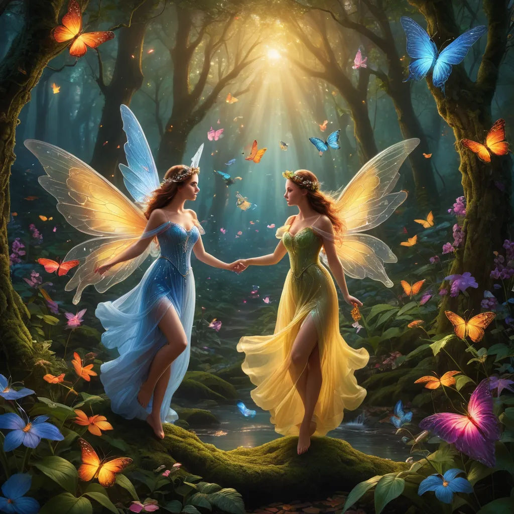 two beautiful women dressed in fairy costumes holding hands in a forest with butterflies around them and a light shining through the trees, fantasy art, a storybook illustration, Anne Stokes, fantasy artwork