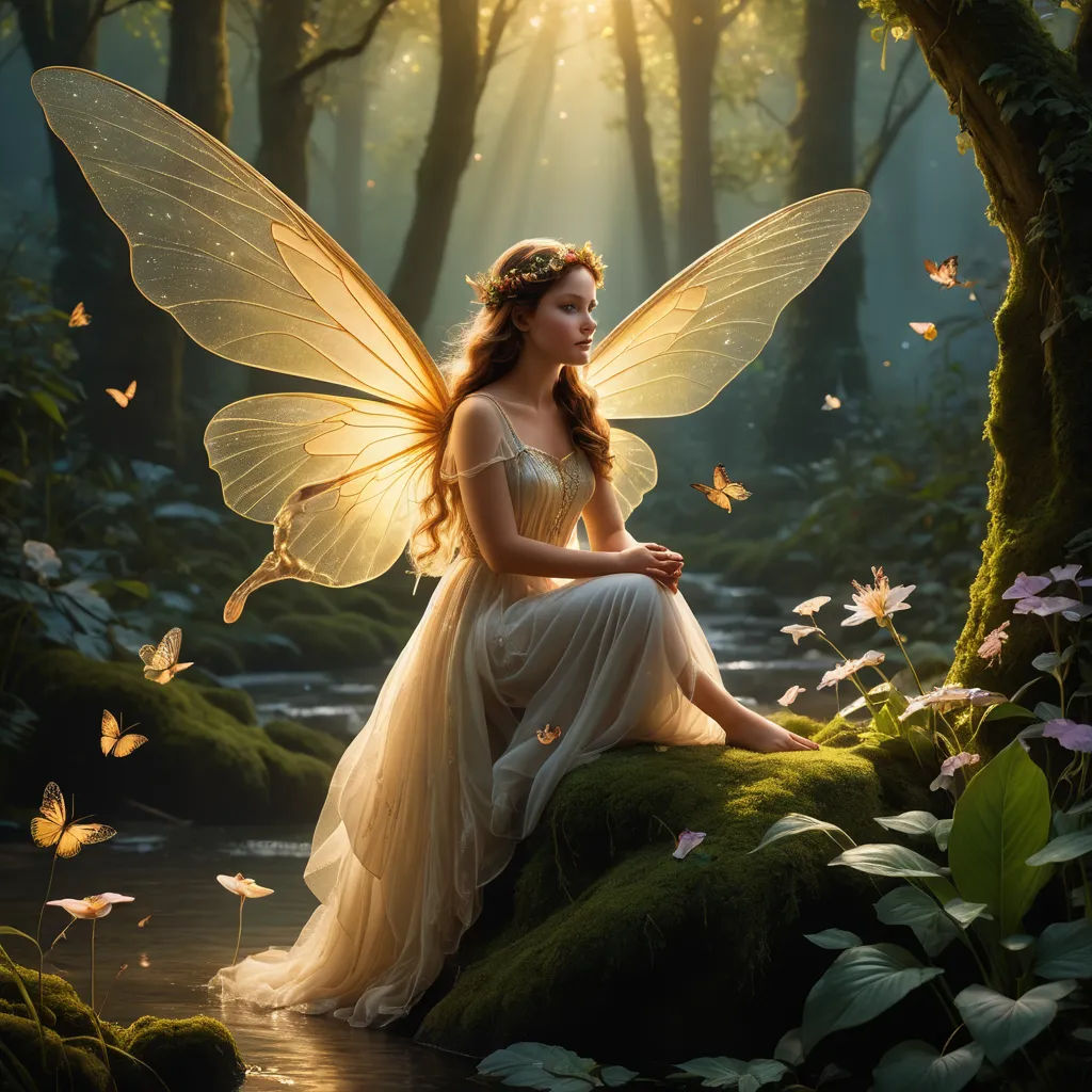 a fairy sitting on a rock in a forest with butterflies around her and a stream running through the woods, fantasy art, a storybook illustration, Anne Stokes, fantasy magic