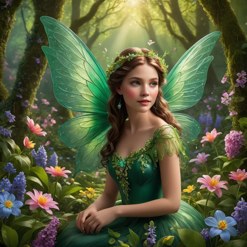 a beautiful fairy sitting in a forest with flowers and butterflies around her, with a green dress and tiara, fantasy art, a storybook illustration, Anne Stokes, highly detailed digital painting