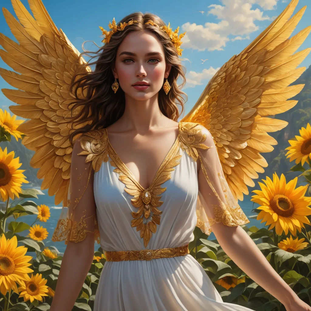 a woman in a white dress with yellow wings and a sunflower field in the background with a blue sky, fantasy art, a detailed painting, Anne Stokes, highly detailed digital painting