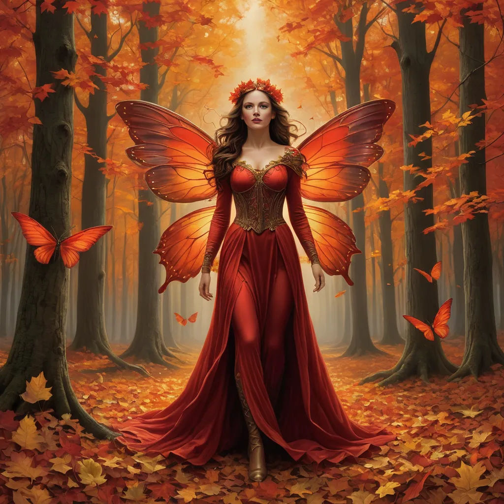 a woman in a red dress with a butterfly wings on her head and a red dress with a red flower in her hair, fantasy art, a storybook illustration, Anne Stokes, highly detailed digital painting