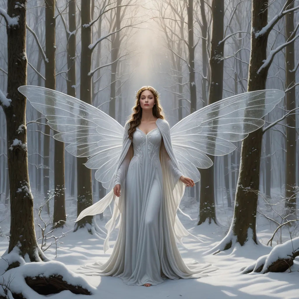 a woman in a white dress with a white angel wings in a snowy forest with trees and snow on the ground, fantasy art, a detailed matte painting, Anne Stokes, fantasy artwork