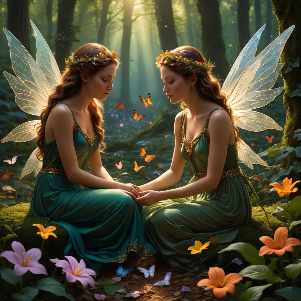 two beautiful women sitting in the woods surrounded by flowers and butterflies, both wearing green dresses and holding hands, fantasy art, a storybook illustration, Anne Stokes, fantasy artwork