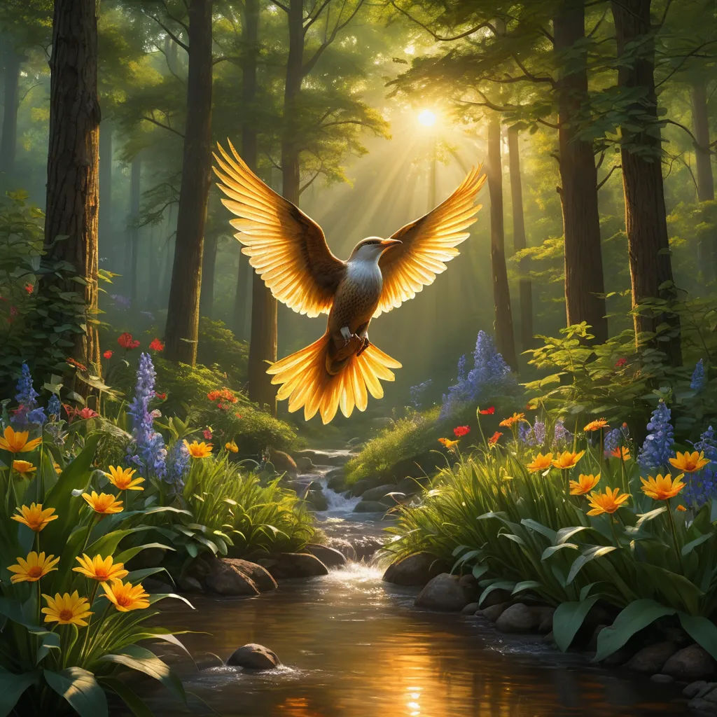 a bird flying over a stream in a forest filled with flowers and trees with a sun shining through the trees, fantasy art, an airbrush painting, Chris LaBrooy, highly detailed digital painting