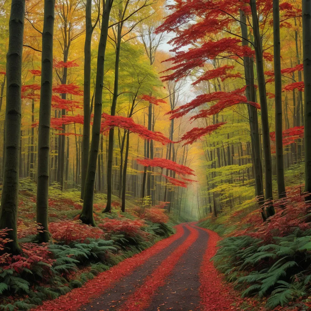 a dirt road in a forest with red leaves on the trees and a red path leading to the center, german romanticism, a jigsaw puzzle, Art Brenner, forest
