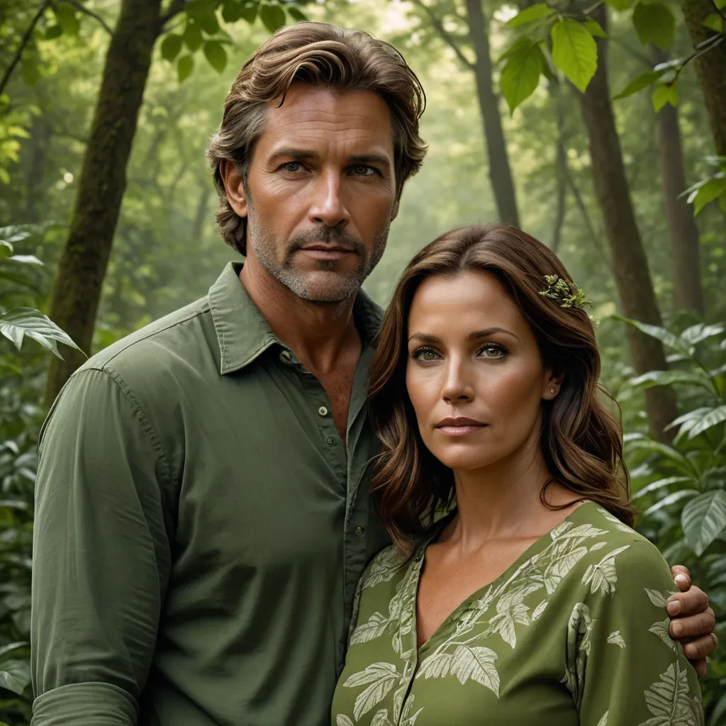 a man and a woman standing in a forest together, posing for a picture together, with trees in the background, international gothic, a poster, Christian Hilfgott Brand, promotional image