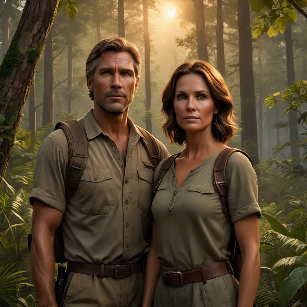 a man and a woman standing in the woods together, with the sun shining through the trees behind them, sumatraism, a poster, Bertram Brooker, promotional image