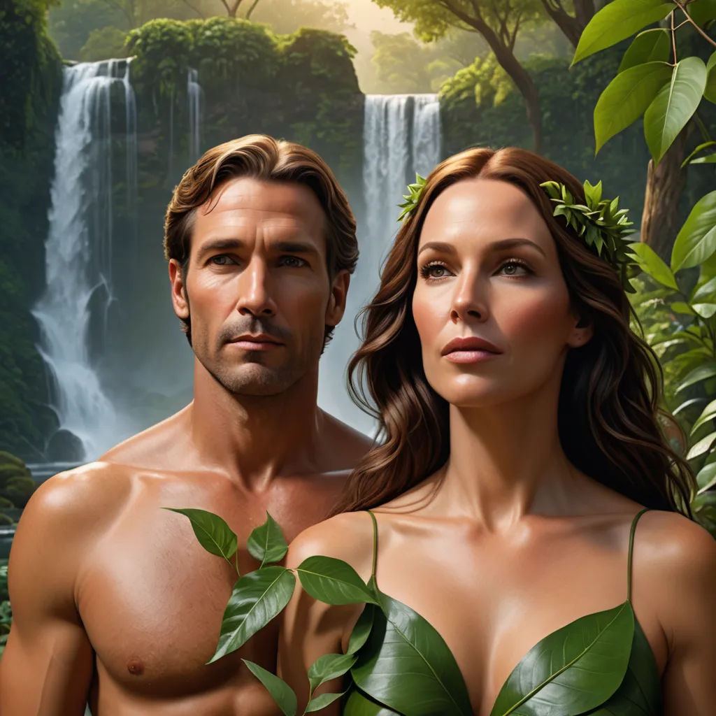 a man and a woman standing in front of a waterfall with leaves on their shoulders and a green leaf around their shoulders, figurative art, a photorealistic painting, David LaChapelle, highly detailed digital painting