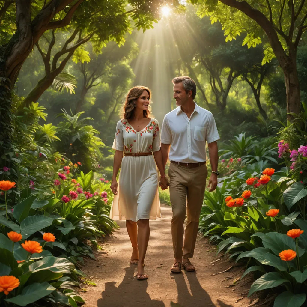a man and a woman walking through a garden holding hands and smiling at each other with the sun shining through the trees, private press, a stock photo, David Garner, cinematic photography