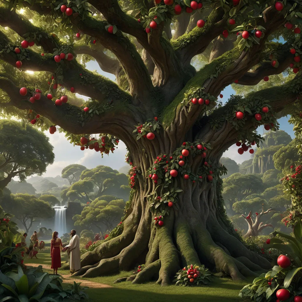 a painting of a tree with apples growing on it's trunk and a woman standing in the background, fantasy art, a detailed matte painting, Christophe Vacher, matte fantasy painting