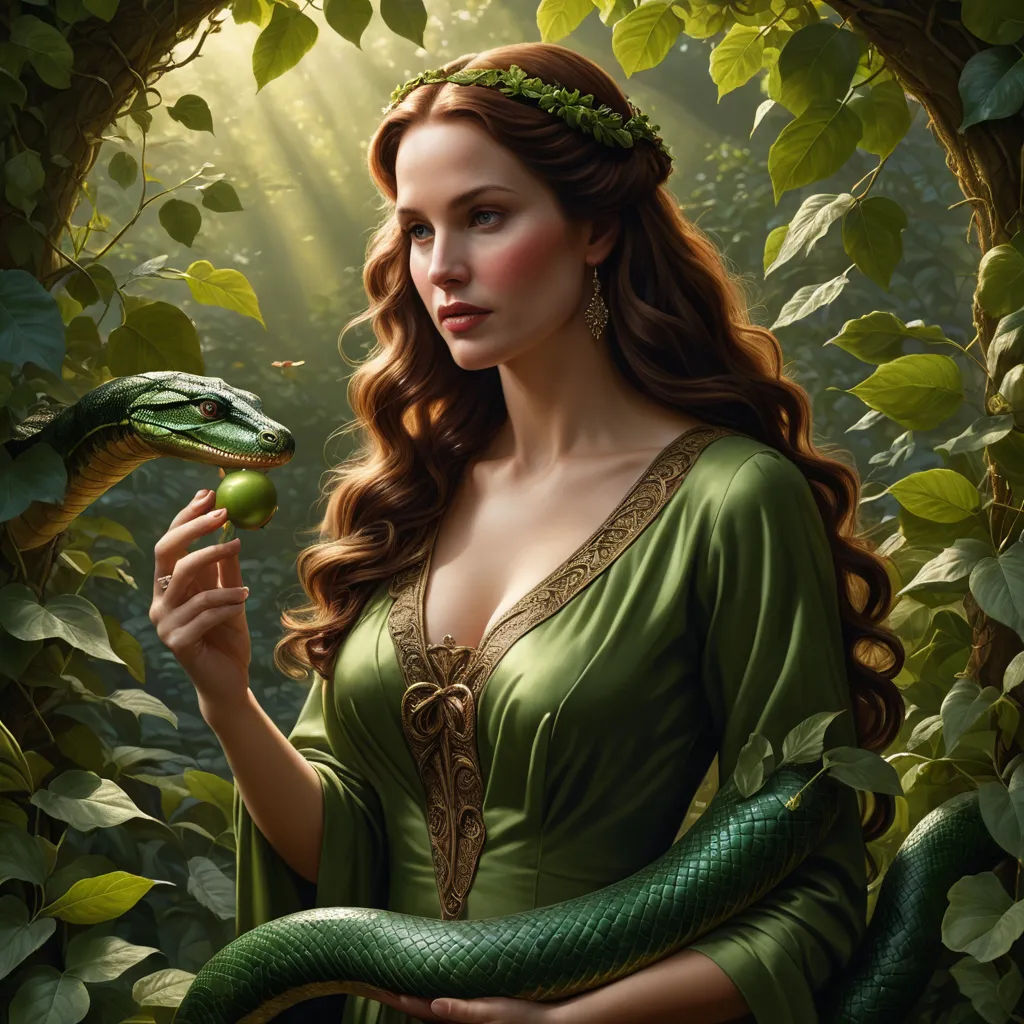 a woman in a green dress holding a snake in a forest with leaves and a light shining through the trees, fantasy art, a detailed painting, Anne Stokes, highly detailed digital painting