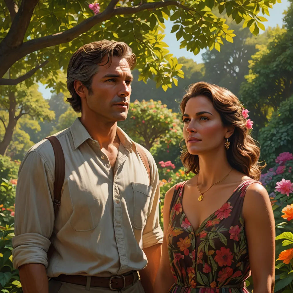 a man and a woman standing in a garden with flowers in the background and a tree in the foreground, cloisonnism, a detailed matte painting, Colin Middleton, promotional image