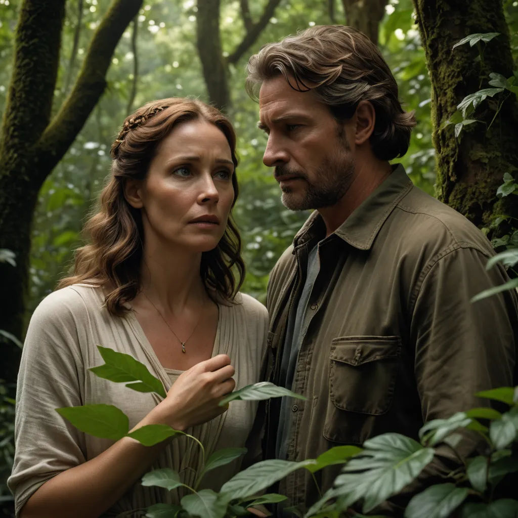 a man and a woman standing in the woods together, looking at each other with a serious look on their face, antipodeans, a poster, Clarice Beckett, promotional image