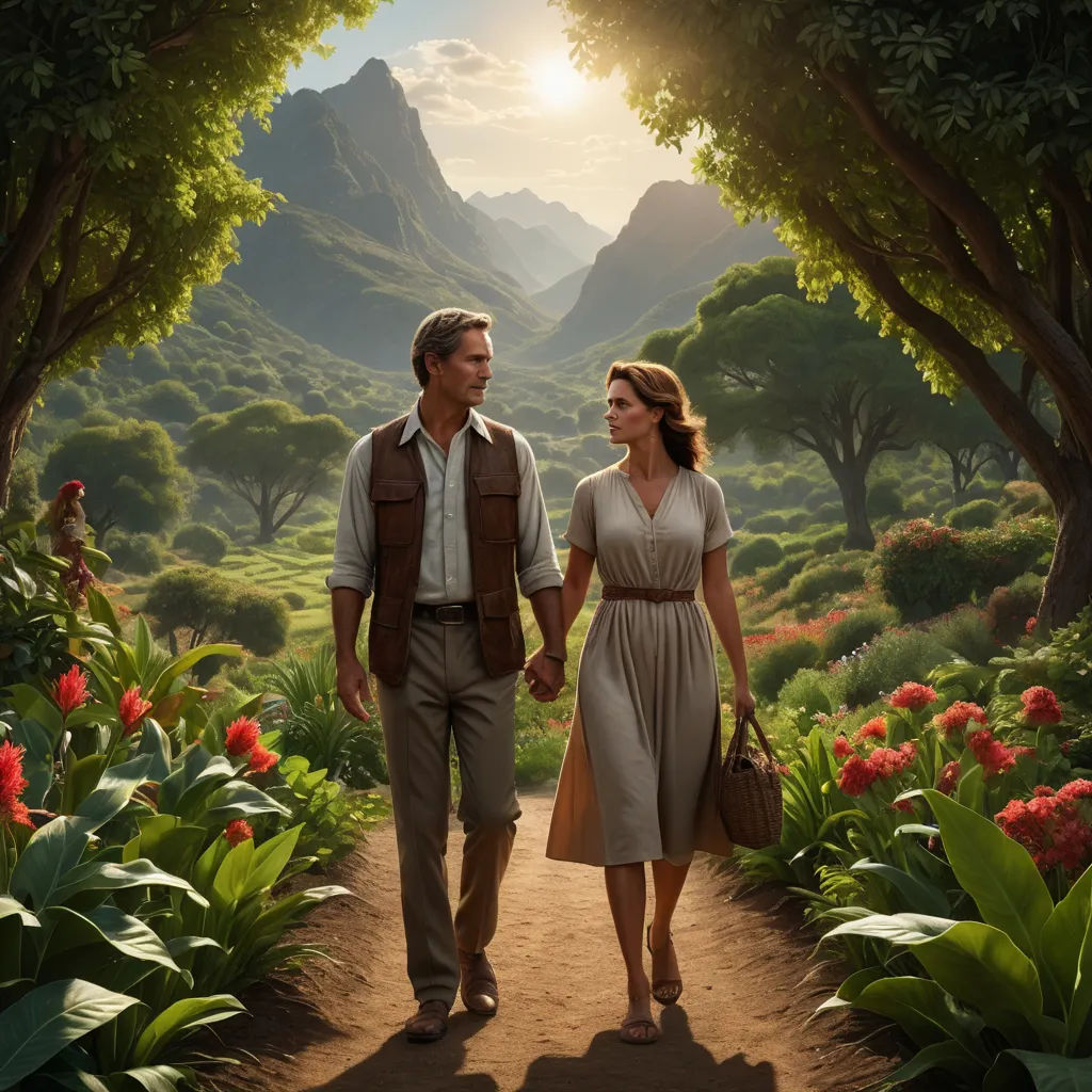 a man and a woman walking through a forest holding hands and looking at each other with a mountain in the background, magical realism, a detailed matte painting, Edward George Handel Lucas, imax 70 mm footage