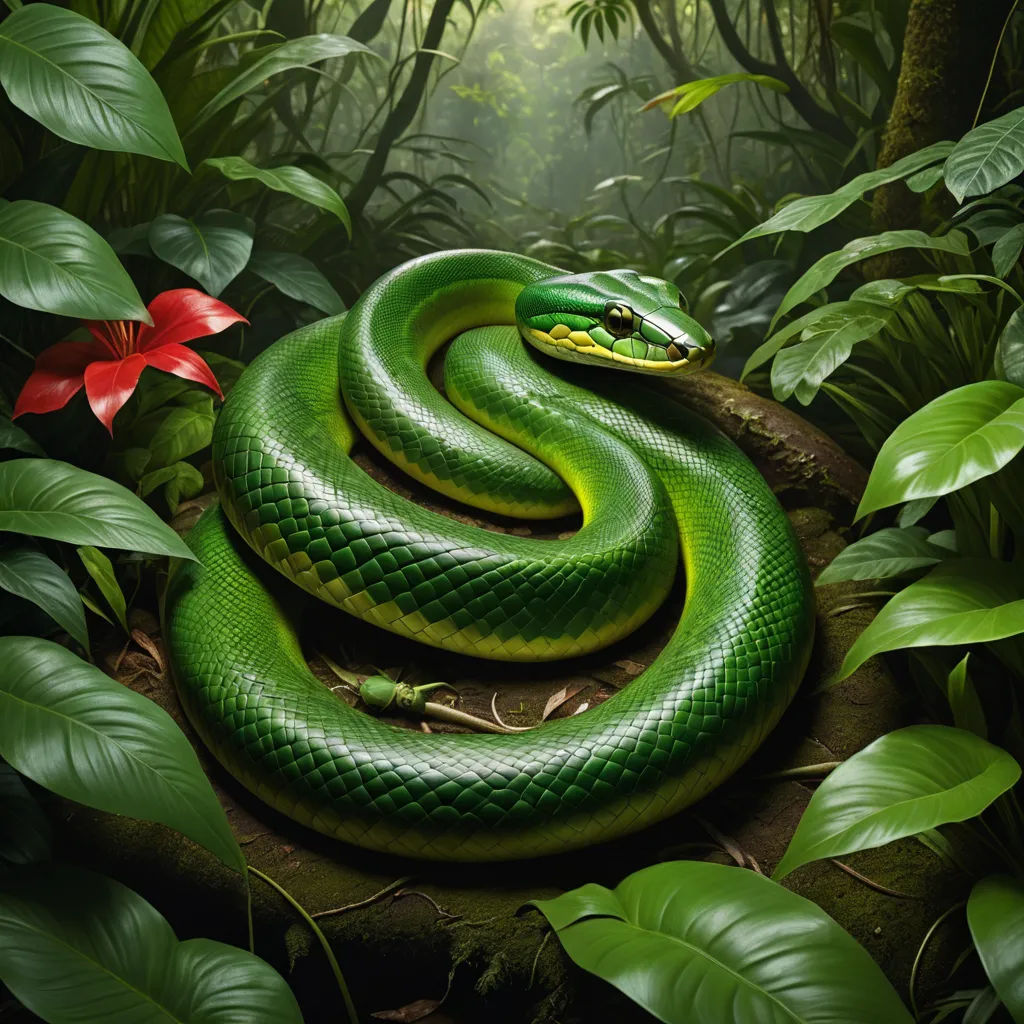 a green snake is curled up on a rock in the jungle with flowers and leaves surrounding it, and a red flower in the foreground, cobra, a digital painting, Brom, highly detailed digital painting
