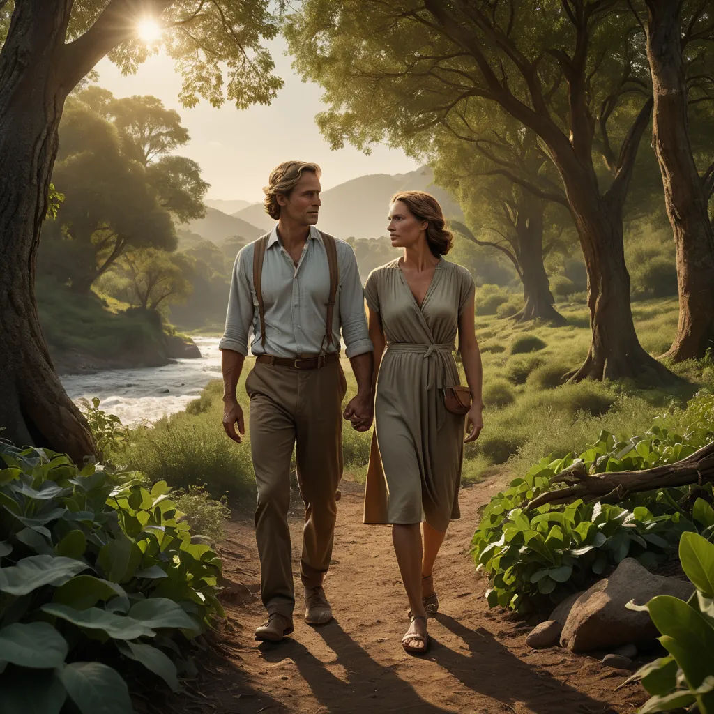 a man and a woman walking down a dirt path in the woods together, holding hands and looking at each other, neo-romanticism, a detailed matte painting, Colin Middleton, promotional image