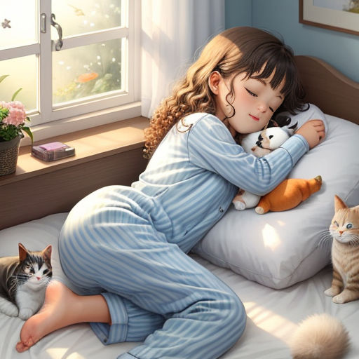 Happy young girl in striped pajamas sleeping on a white bed, in