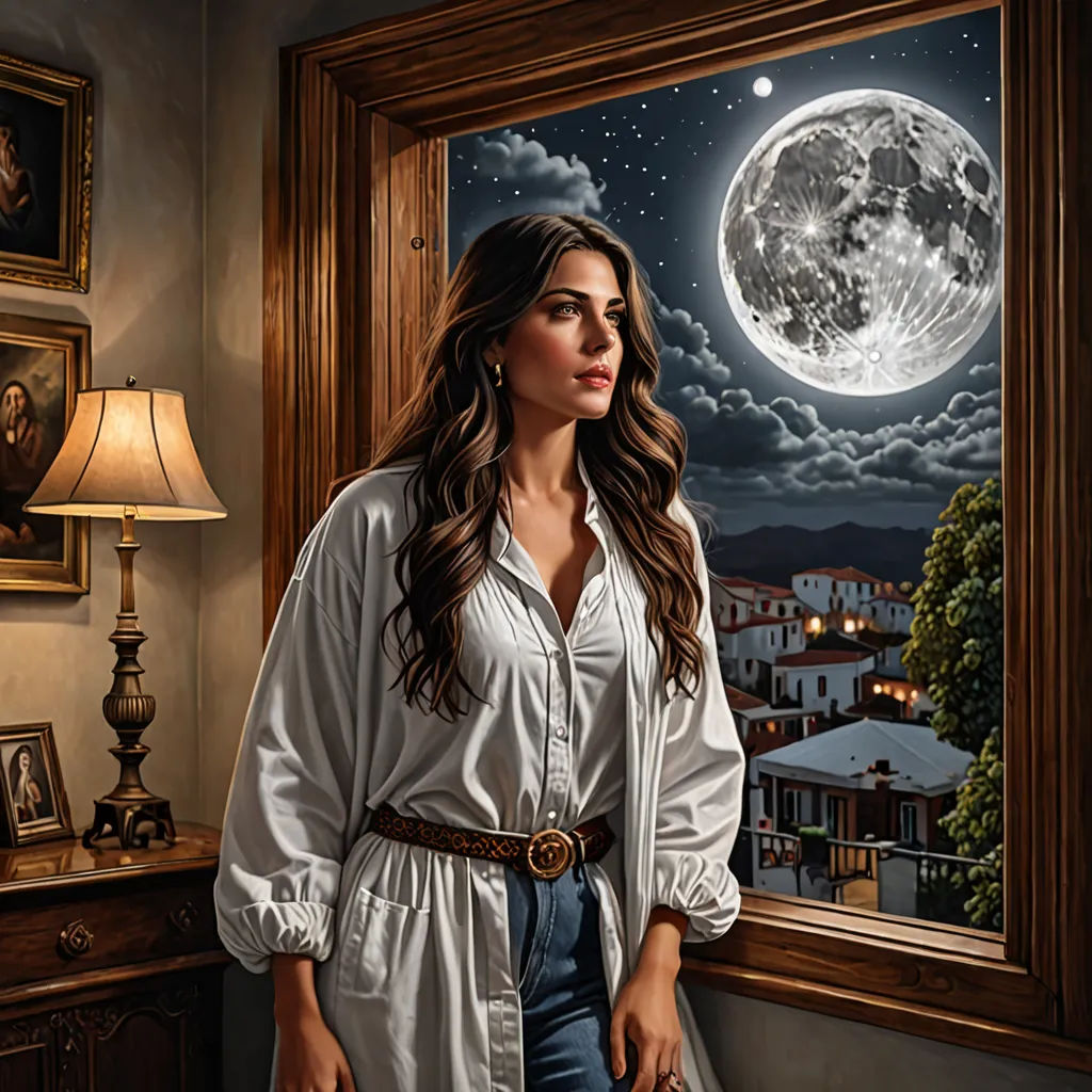 a woman standing in front of a window with a full moon in the background and a painting of a woman in a white shirt, sots art, a painting, F. Scott Hess, highly detailed digital painting