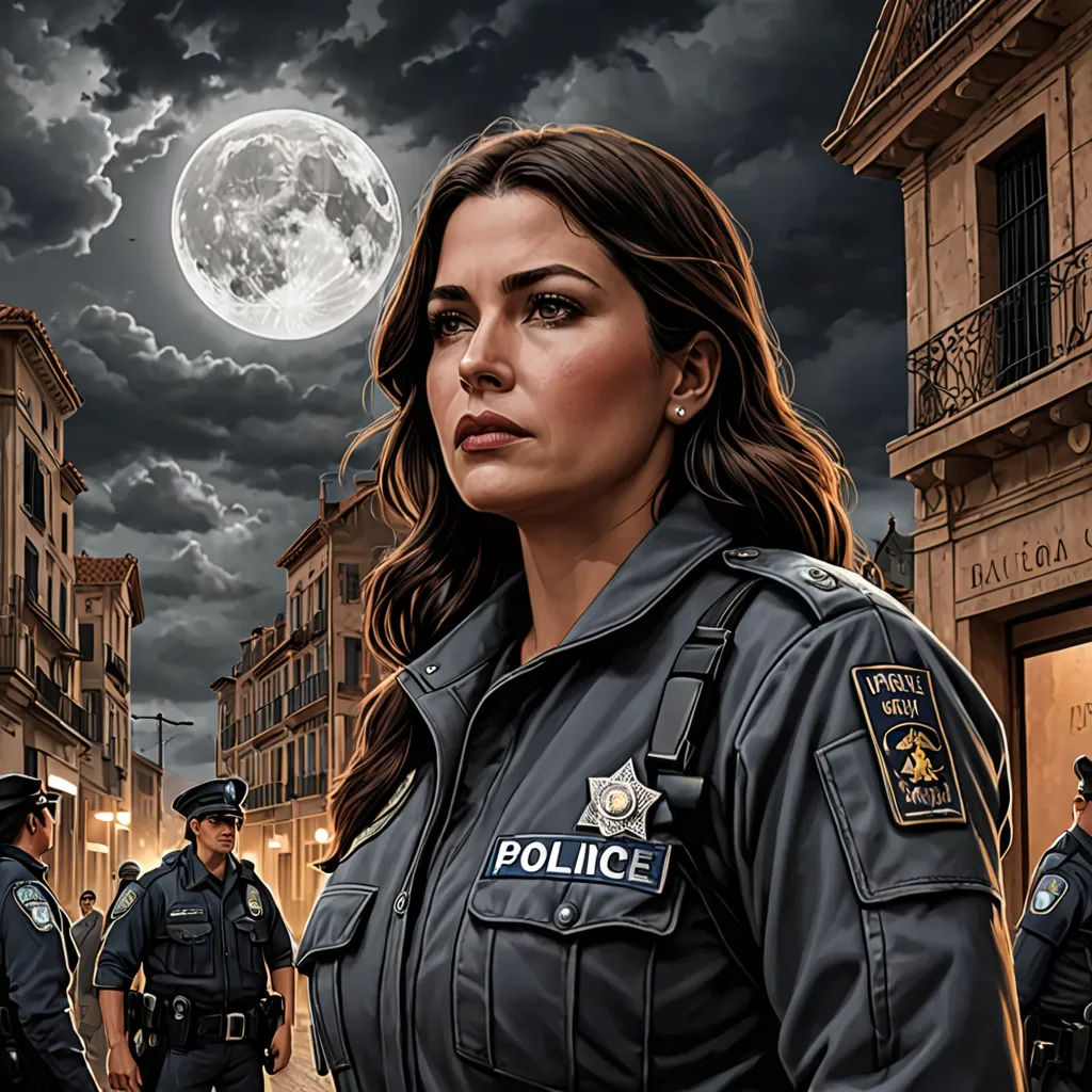 a woman police officer standing in front of a full moon and a city street with police officers in the background, fantasy art, poster art, Dan Mumford, highly detailed digital painting