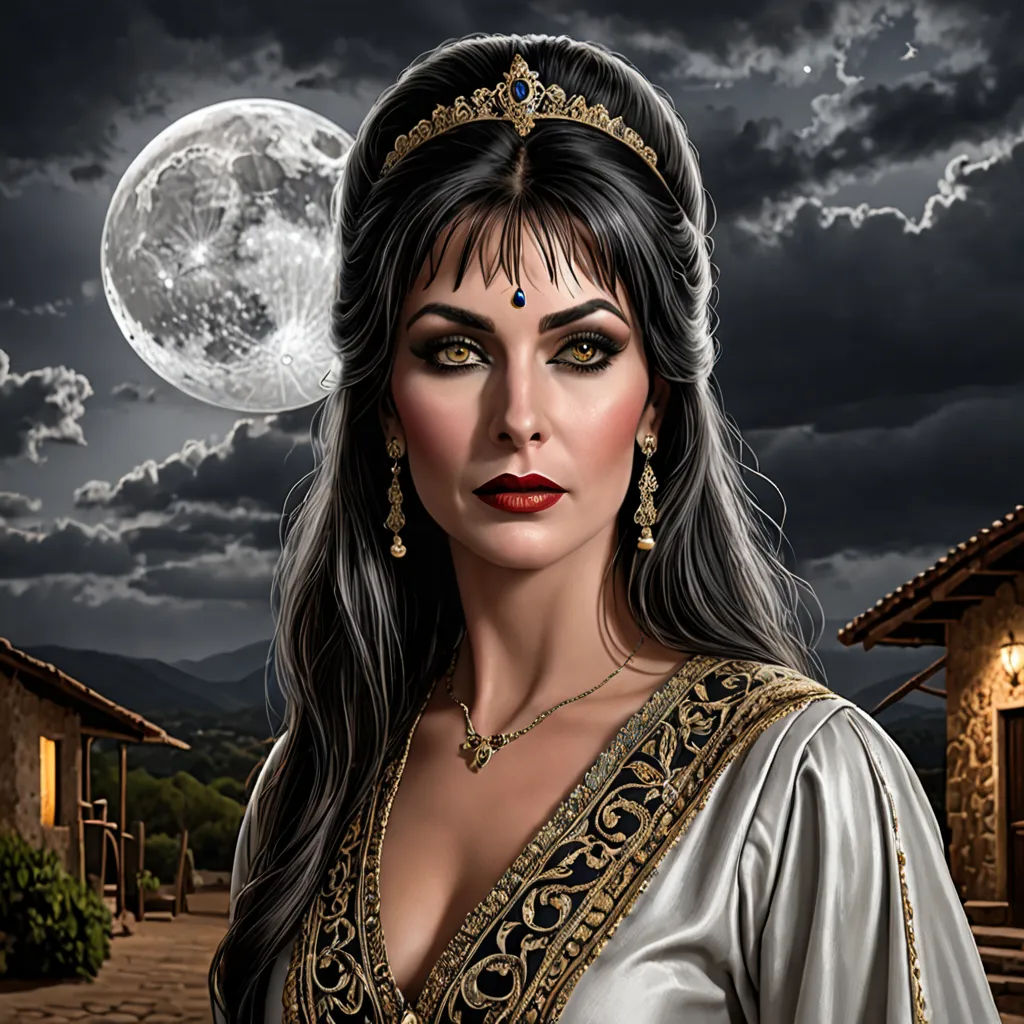 a woman in a white dress with a full moon in the background and a house in the background with a full moon in the sky, gothic art, a digital painting, Anne Stokes, highly detailed digital painting