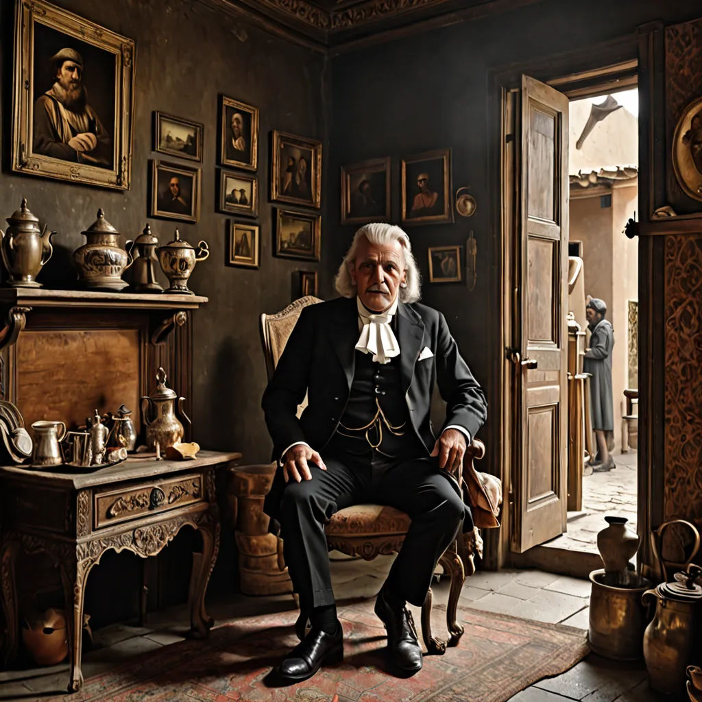 a man in a suit sitting in a chair in a room with paintings on the wall and a table with a vase on it, baroque, a flemish Baroque, David Teniers III, rembrandt lighting