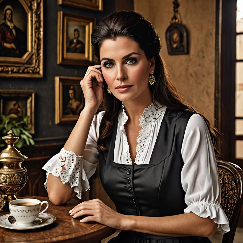 a woman sitting at a table with a cup of coffee in front of her and a portrait of a man behind her, rococo, a flemish Baroque, Araceli Gilbert, promotional image
