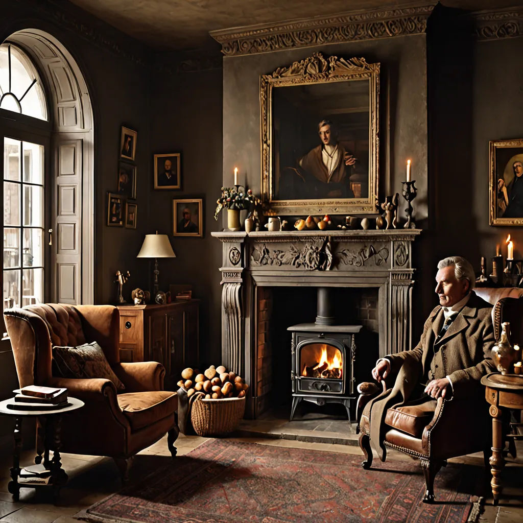a man sitting in a chair in front of a fire place in a living room with a painting on the wall, arts and crafts movement, a still life, David Ramsay Hay, rembrandt lighting