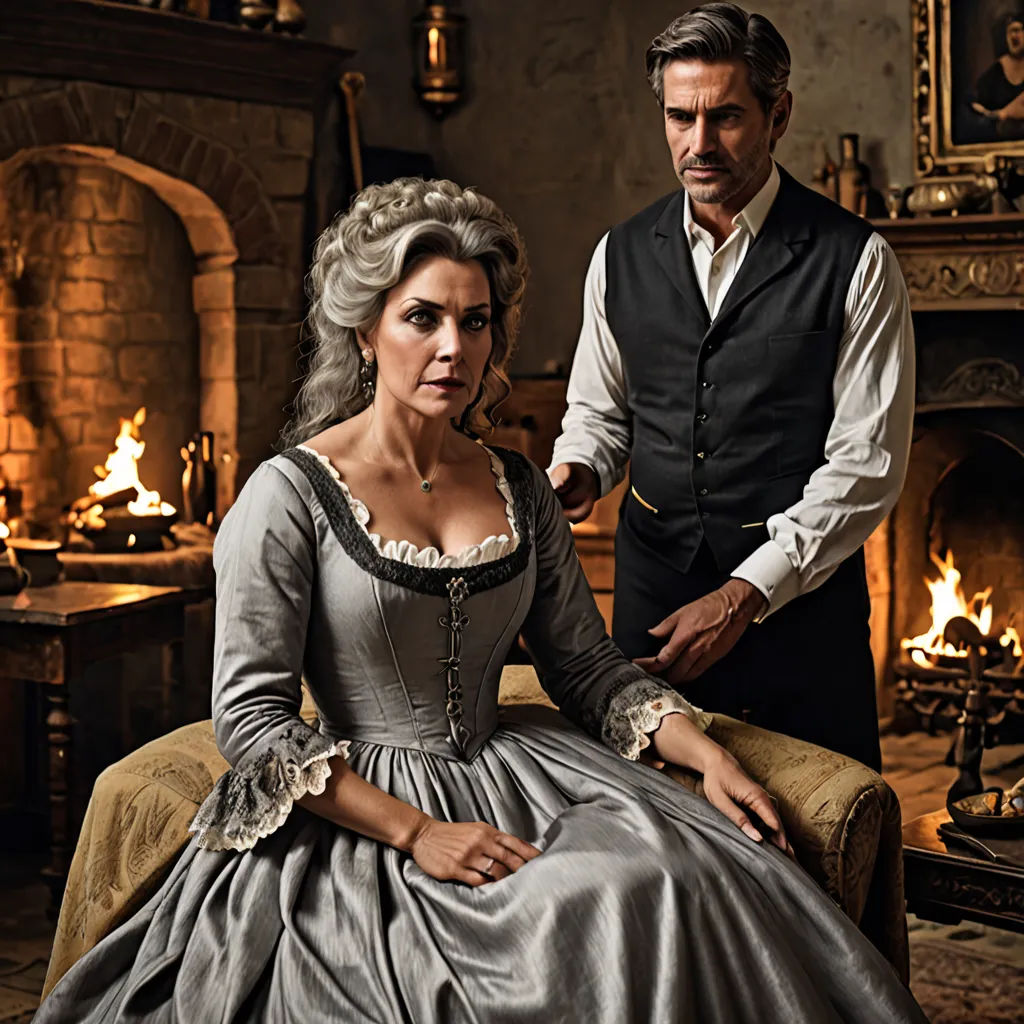 a man and woman dressed in period costumes standing next to a fireplace in a room with a fireplace and a fireplace, renaissance, a flemish Baroque, Araceli Gilbert, promotional image