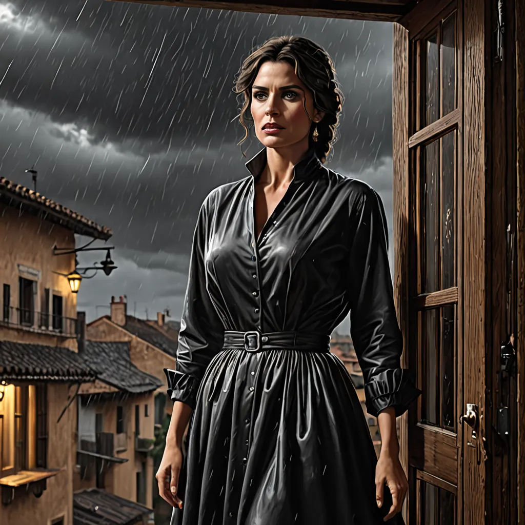 a woman in a black dress standing in a doorway with a rain storm in the background and a house, modern european ink painting, a photorealistic painting, Eva Gonzalès, promotional image