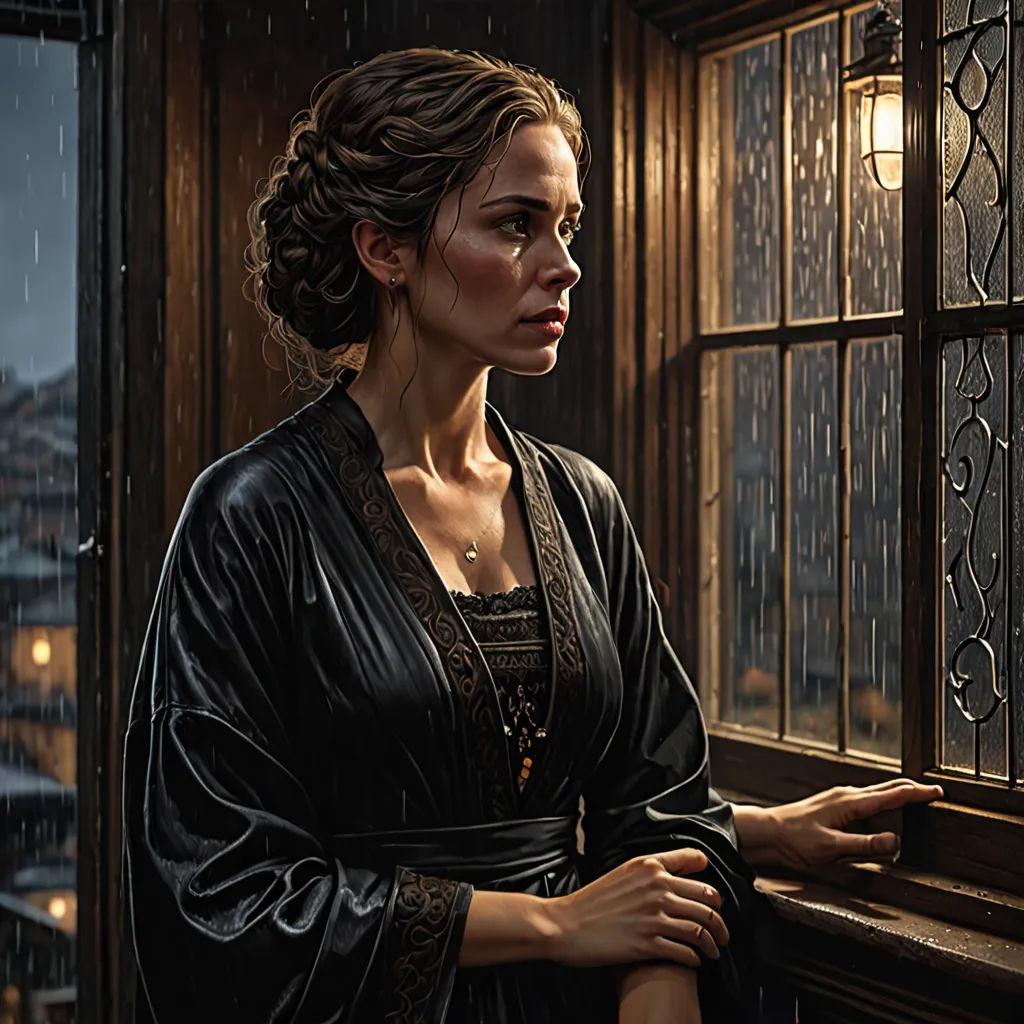 a woman in a black dress looking out a window at the rain outside of a building at night time, fantasy art, a detailed matte painting, David Palumbo, highly detailed digital painting