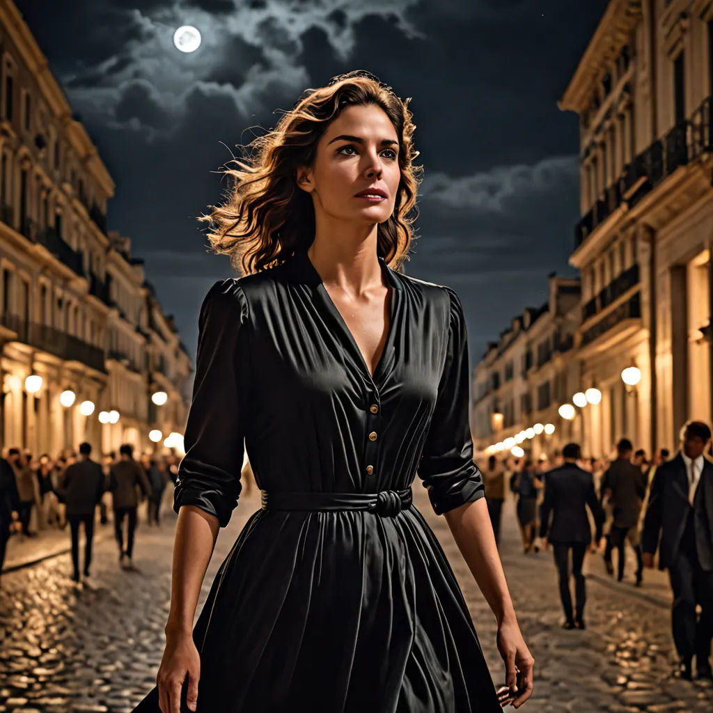 a woman in a black dress walking down a street at night with a full moon in the background and a few people walking around, renaissance, a poster, Annie Leibovitz, promotional image