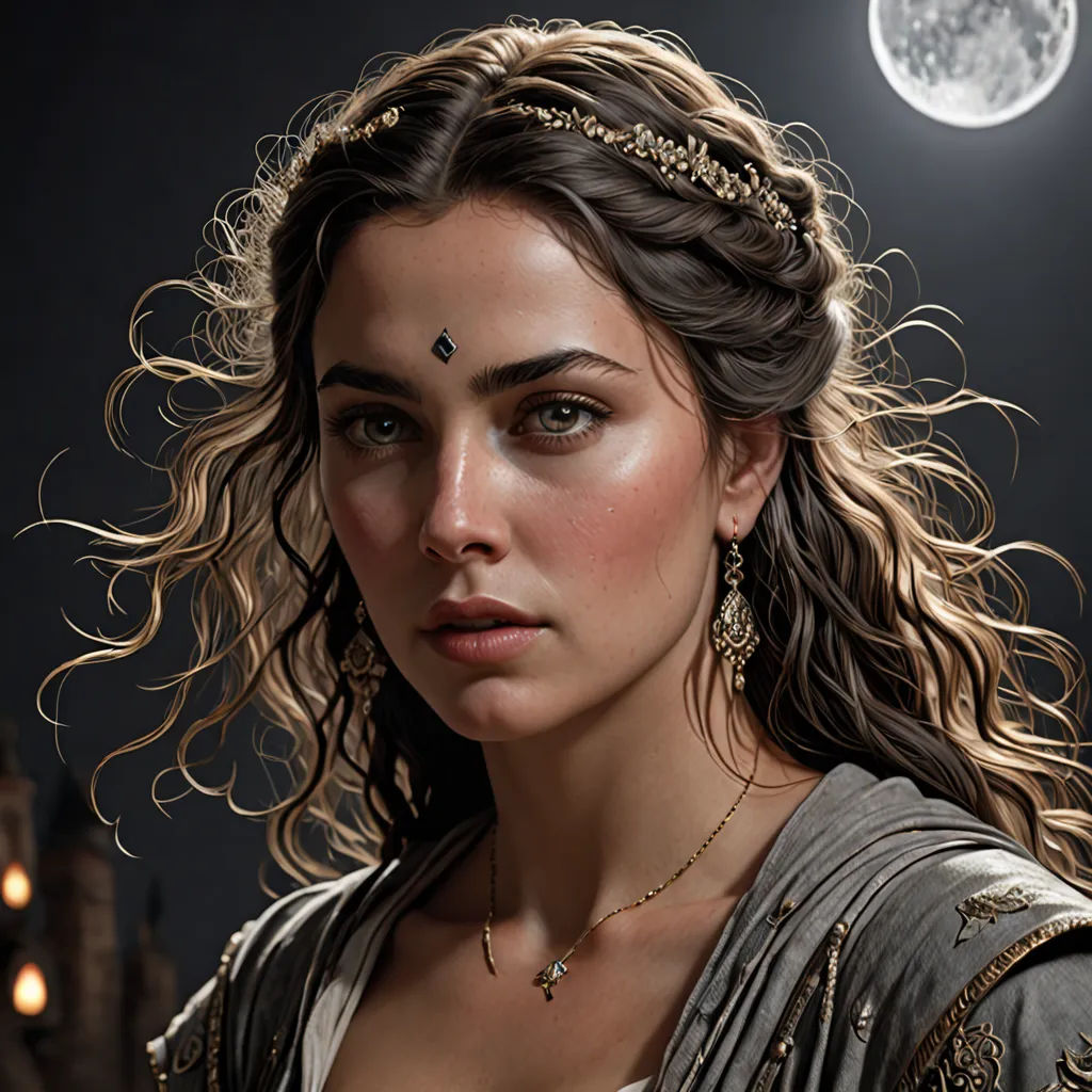 a woman with a tiara and a dress on, standing in front of a full moon and a castle, fantasy art, a photorealistic painting, Araceli Gilbert, highly detailed digital painting