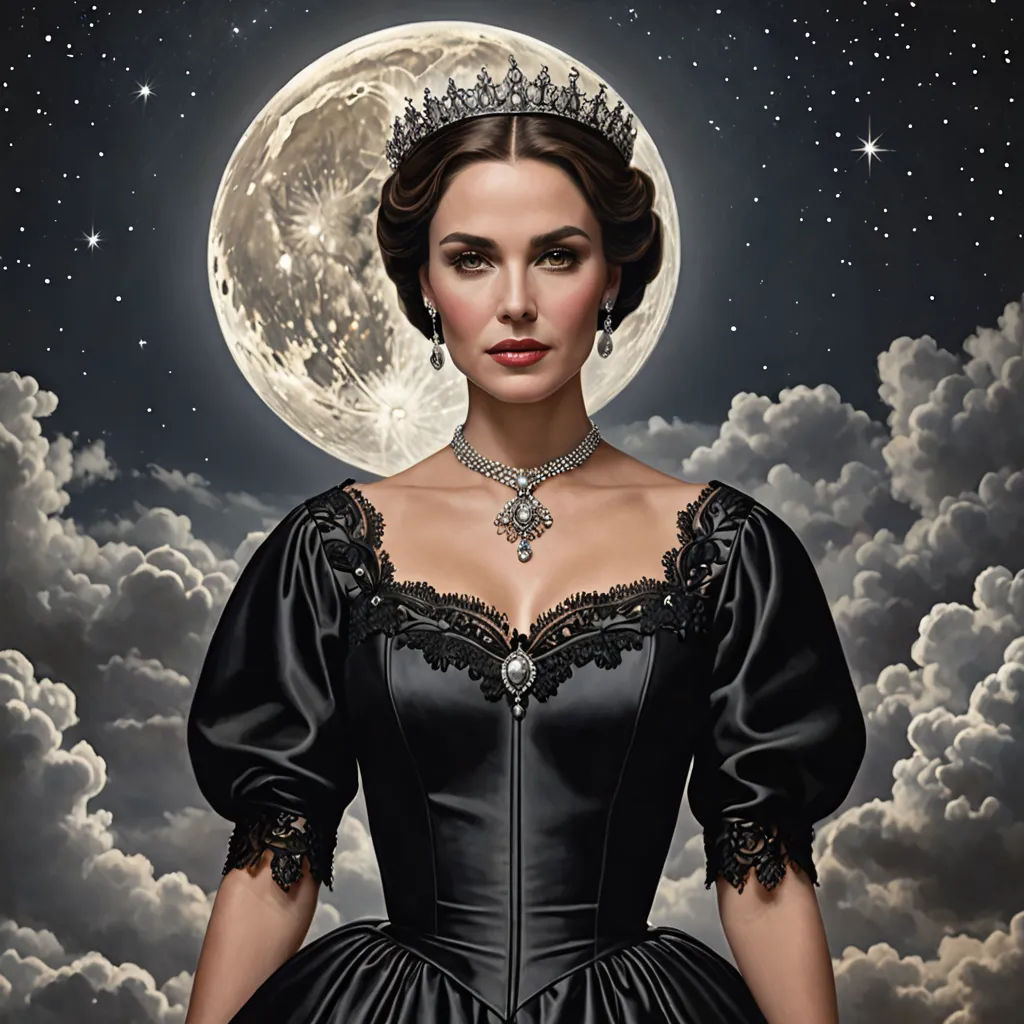 a painting of a woman in a black dress with a tiara on her head and a full moon in the background, gothic art, a detailed painting, Anne Stokes, highly detailed digital painting