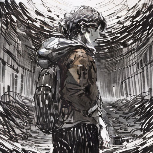 a drawing of a man with a backpack in a room with many lines of paint on it, and a person standing in the middle of the picture