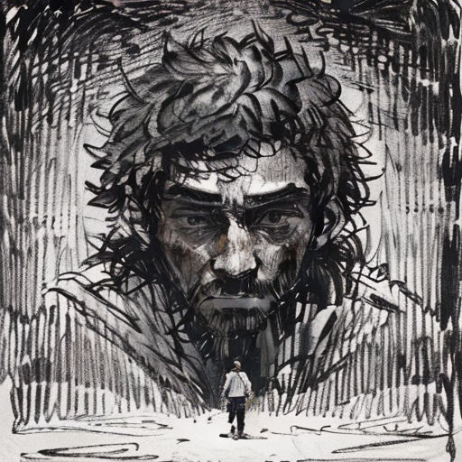 a drawing of a man with a beard and a beard in front of a large painting of a man with a beard