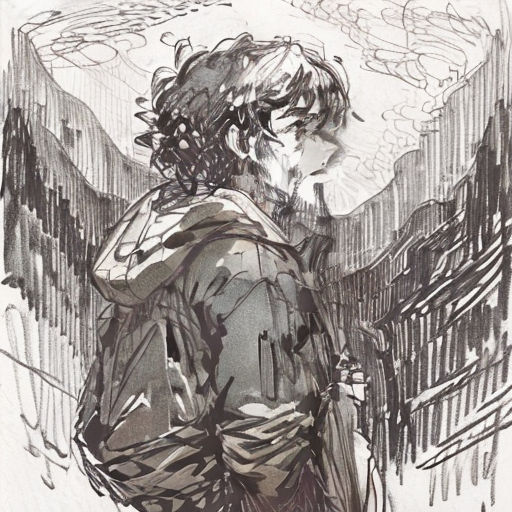 a drawing of a man with an angel wings on his back and a building in the background with clouds